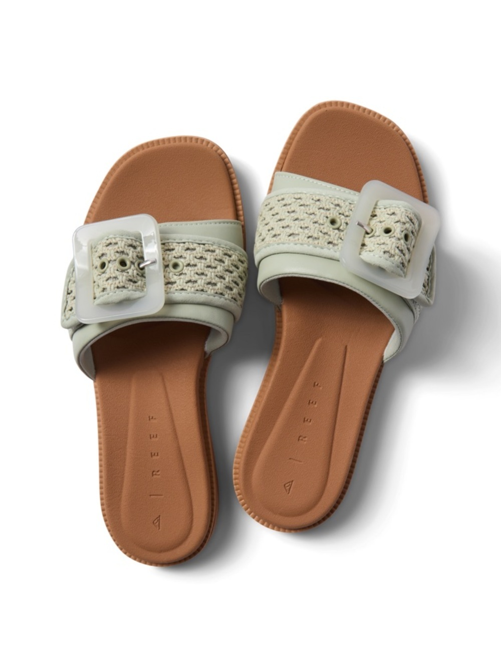 New Reef Sunny Emma buckle slides in sage textile size 9